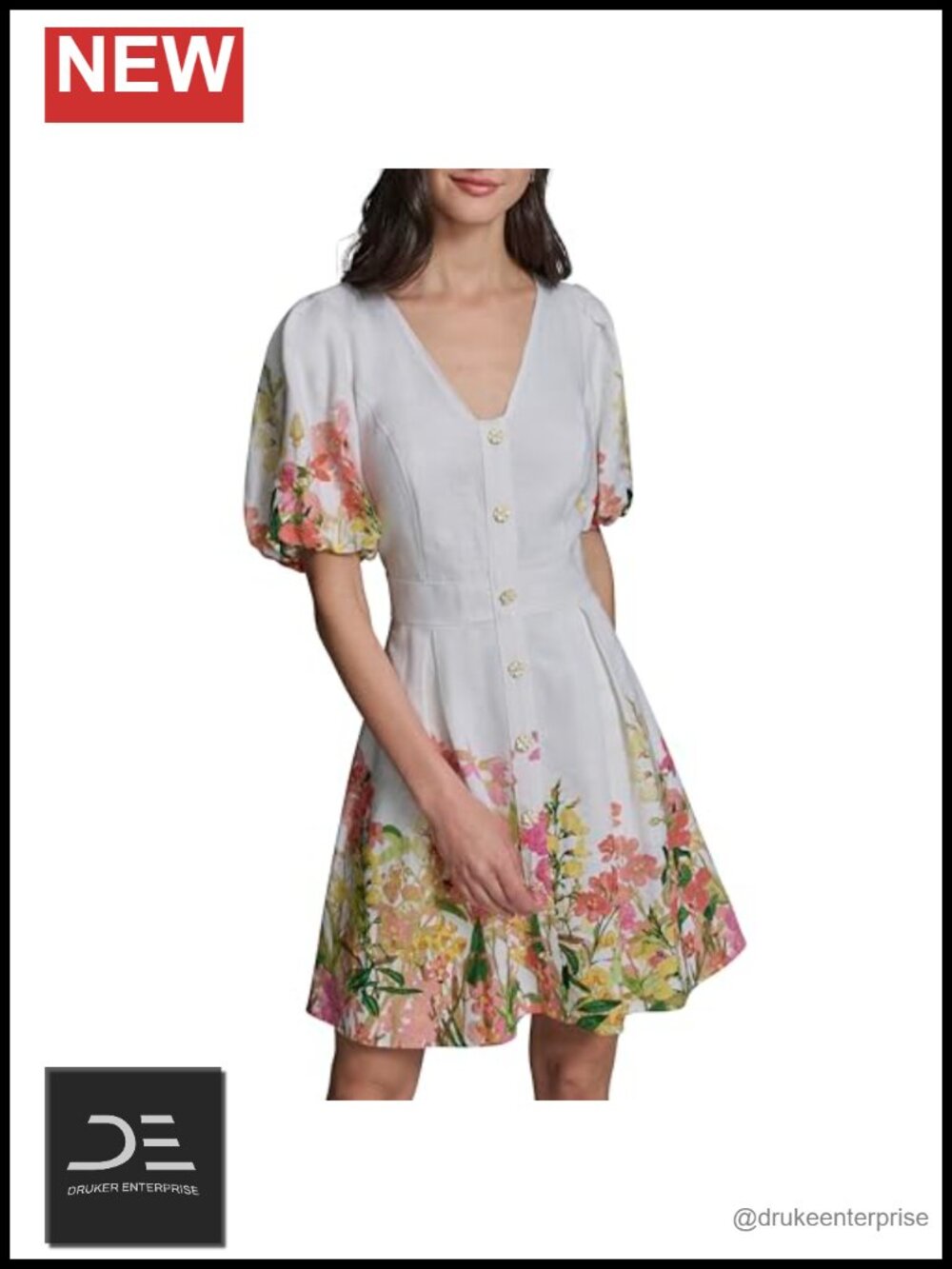Linen Fit & Flare V-Neck Short Sleeve Dress
